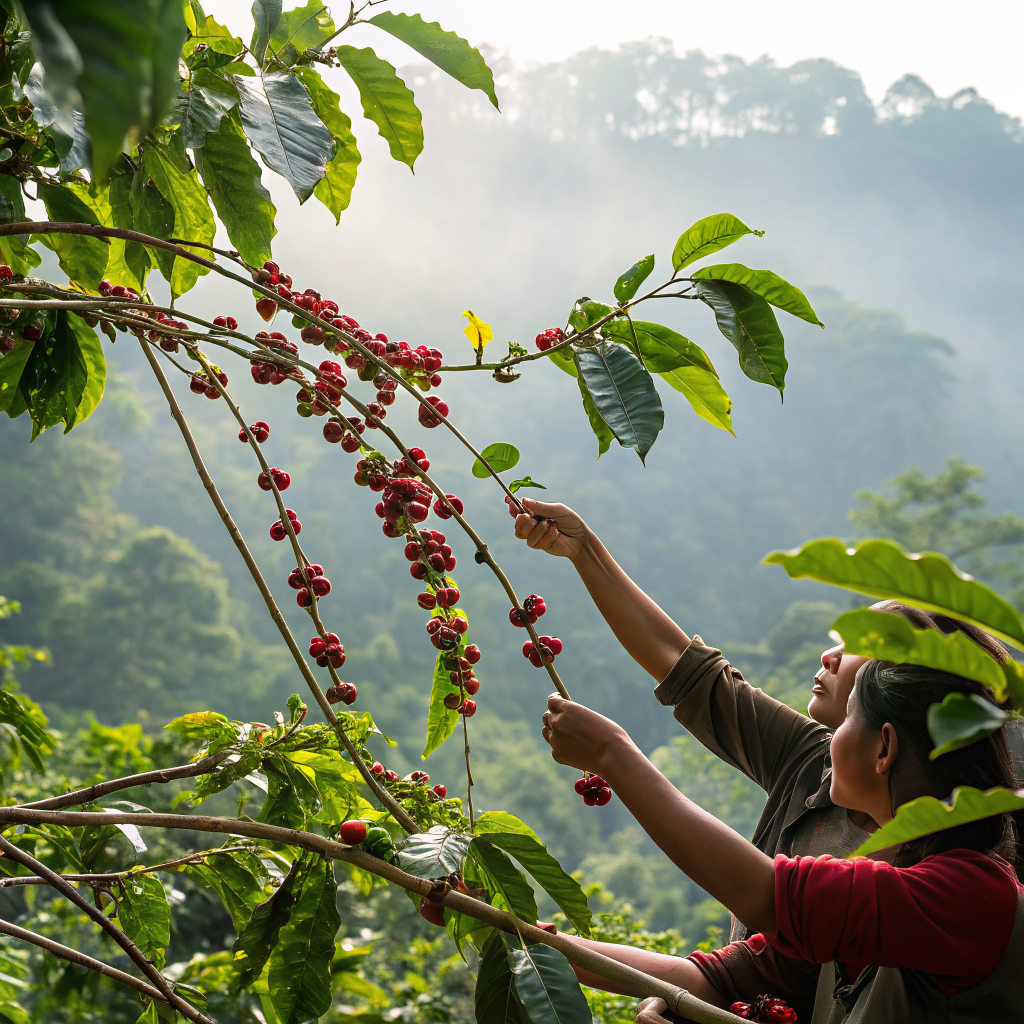 Người dân Tây Nguyên thu hoạch trái cà phê chín đỏ trên cây dưới ánh sương mai